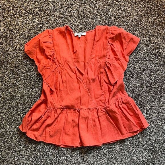 Madewell Top Women's 2XS Linen Orange V-Neck Flared Hem XXS Casual Preppy - Picture 2 of 7
